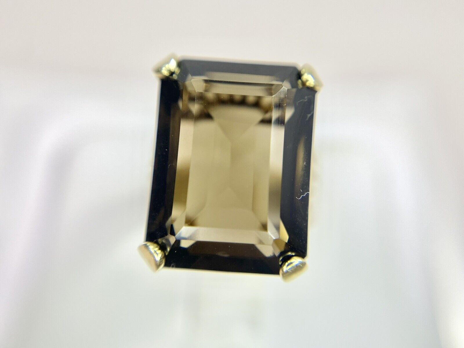 Vintage 14k Yellow Gold Natural Emerald Cut Smoky Quartz Solitaire Cocktail Ring