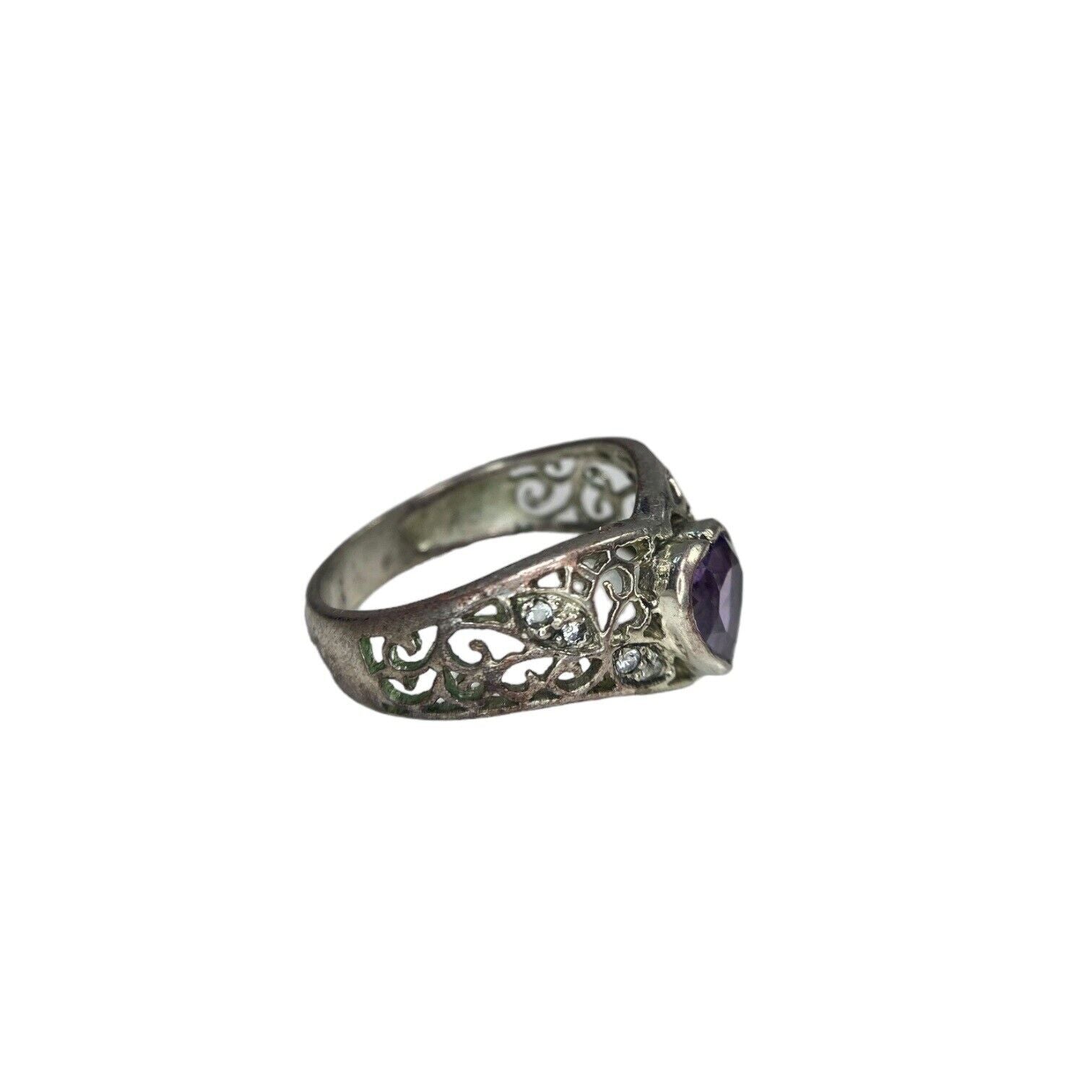 Vintage Sterling Silver Heart Shape Purple CZ Filigree Ring Size 7.5