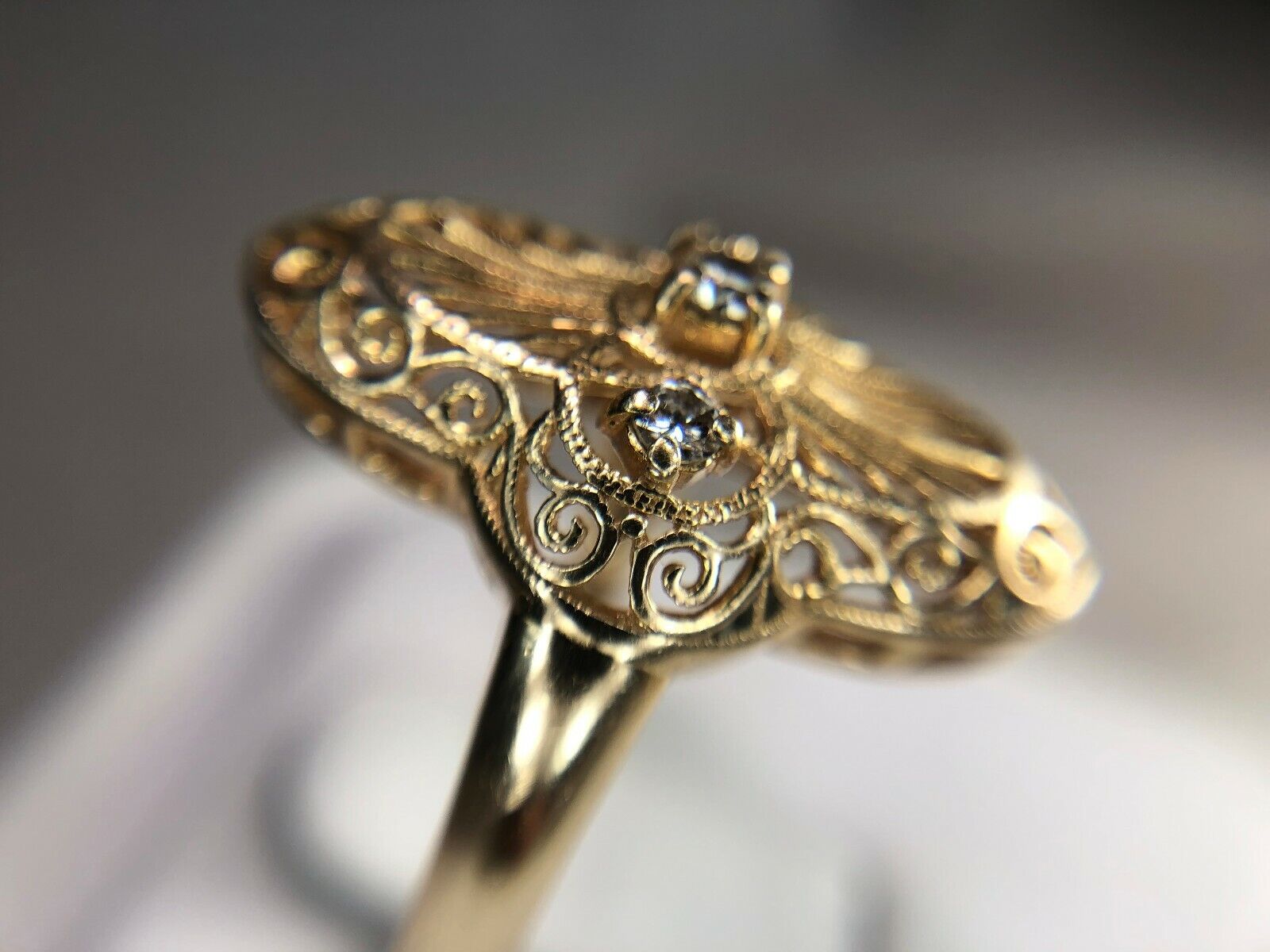 Vintage 14k Yellow Gold Round Brilliant Diamond Filigree Big Cocktail Ring 