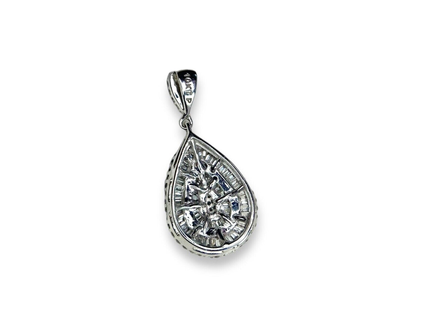 Vintage 10k White Gold Natural Round Baguette Cut Diamond Cluster Pear Pendant