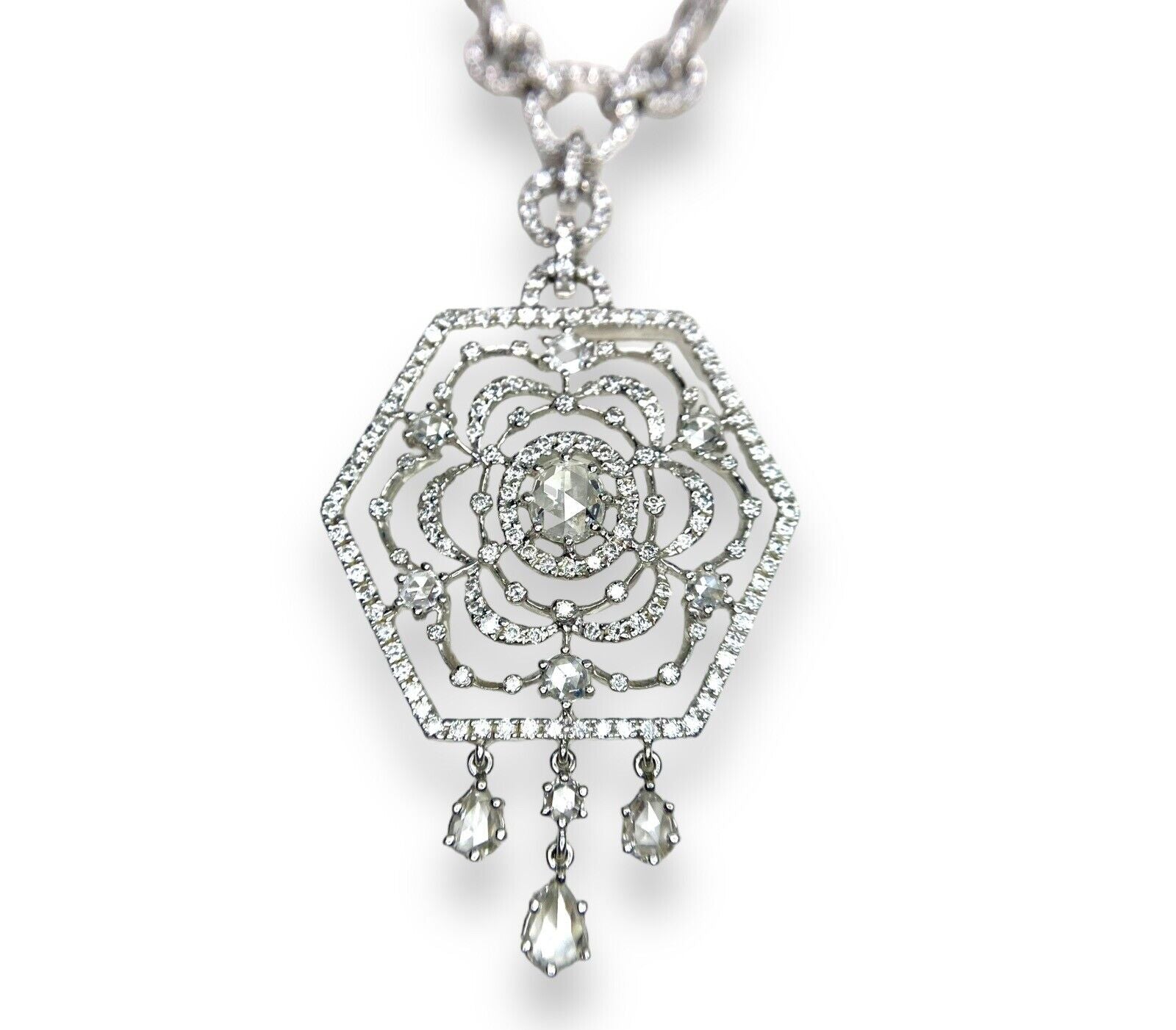 18k White Gold Designer Natural Rose Cut Diamond Pendant Statement Necklace