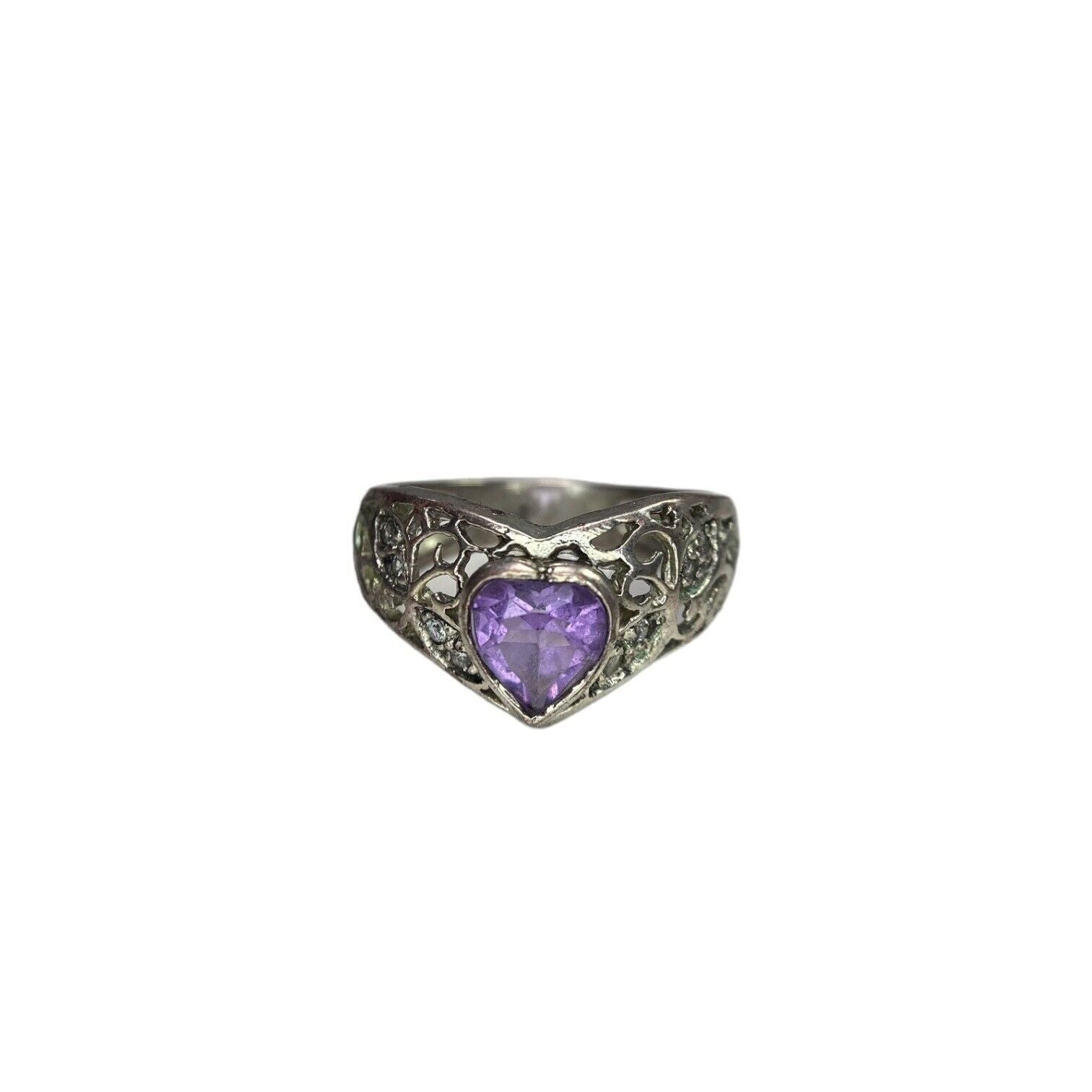 Vintage Sterling Silver Heart Shape Purple CZ Filigree Ring Size 7.5