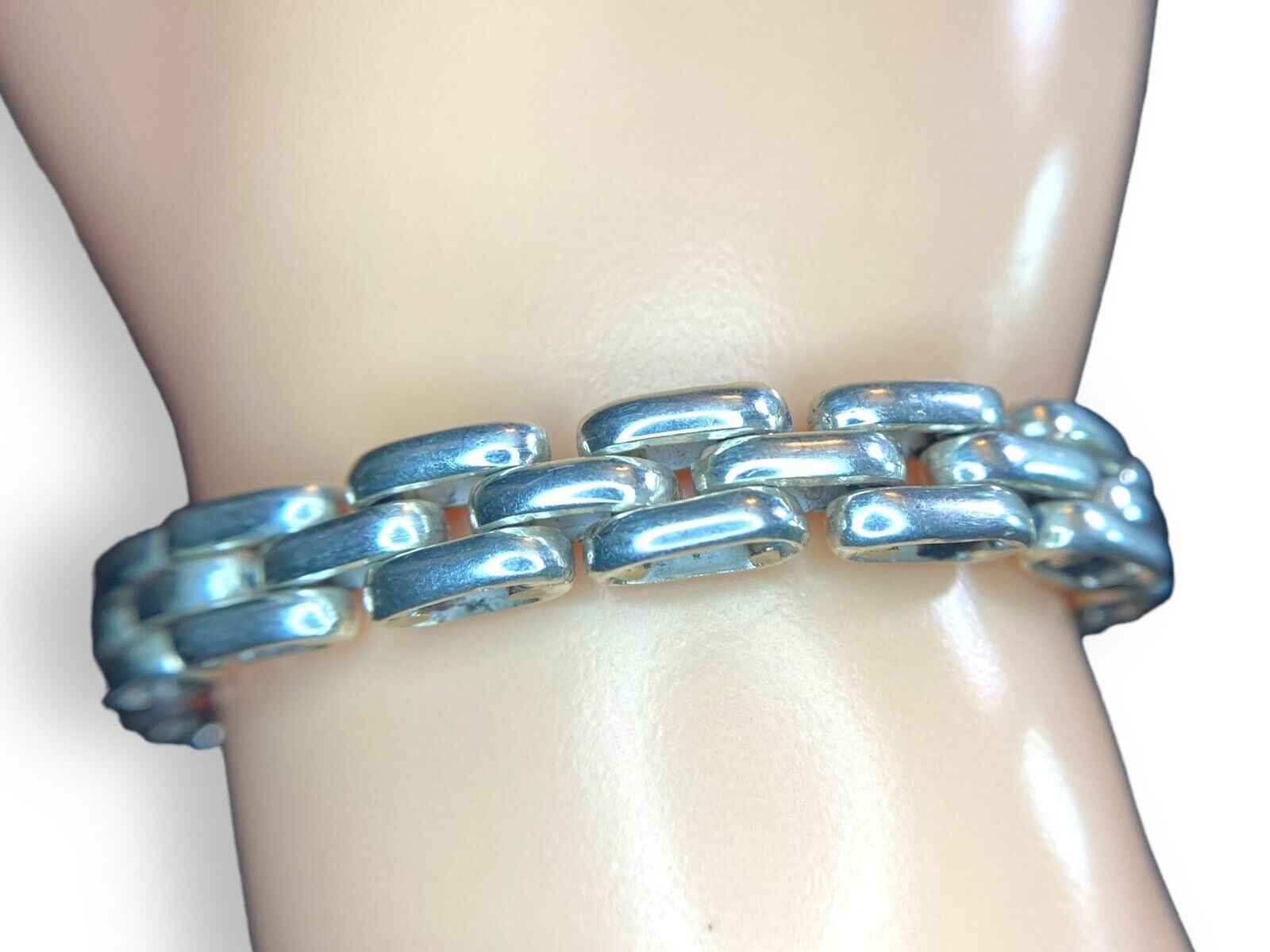 Vintage Sterling Silver Deco Style Heavy Link Bracelet 7.50 Inches