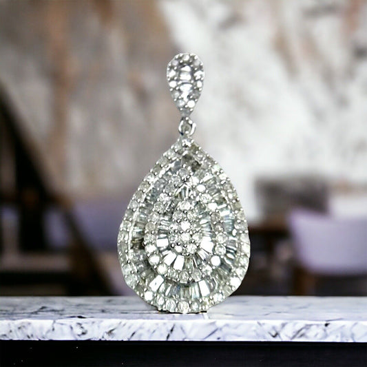 Vintage 10k White Gold Natural Round Baguette Cut Diamond Cluster Pear Pendant