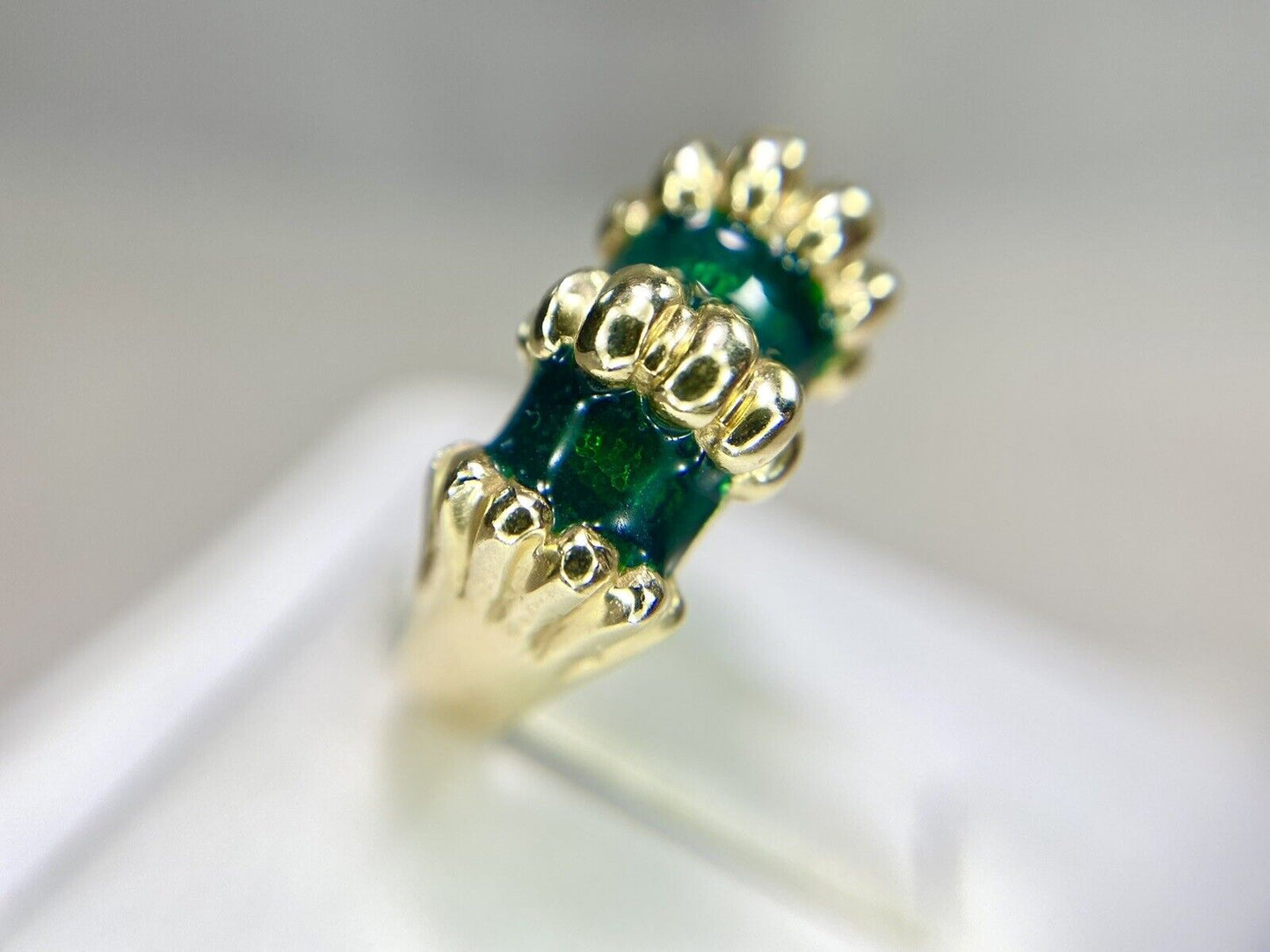 Vintage 14k Yellow Gold Handcrafted Green Enamel Cocktail Band Ring