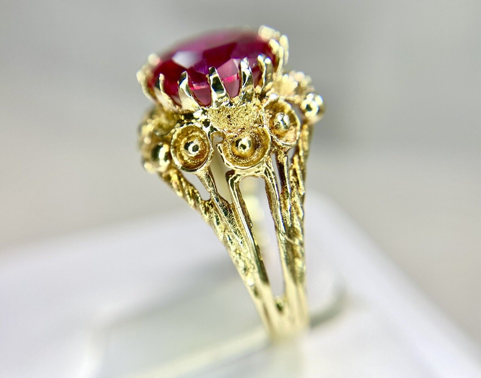 Vintage 14k Yellow Gold Handcrafted Round Red Ruby Solitaire Ring