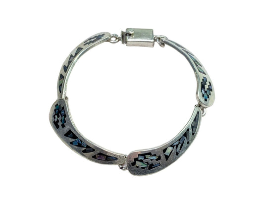 Vintage Sterling Silver Handcrafted Signed Black Colorful Inlay Bracelet