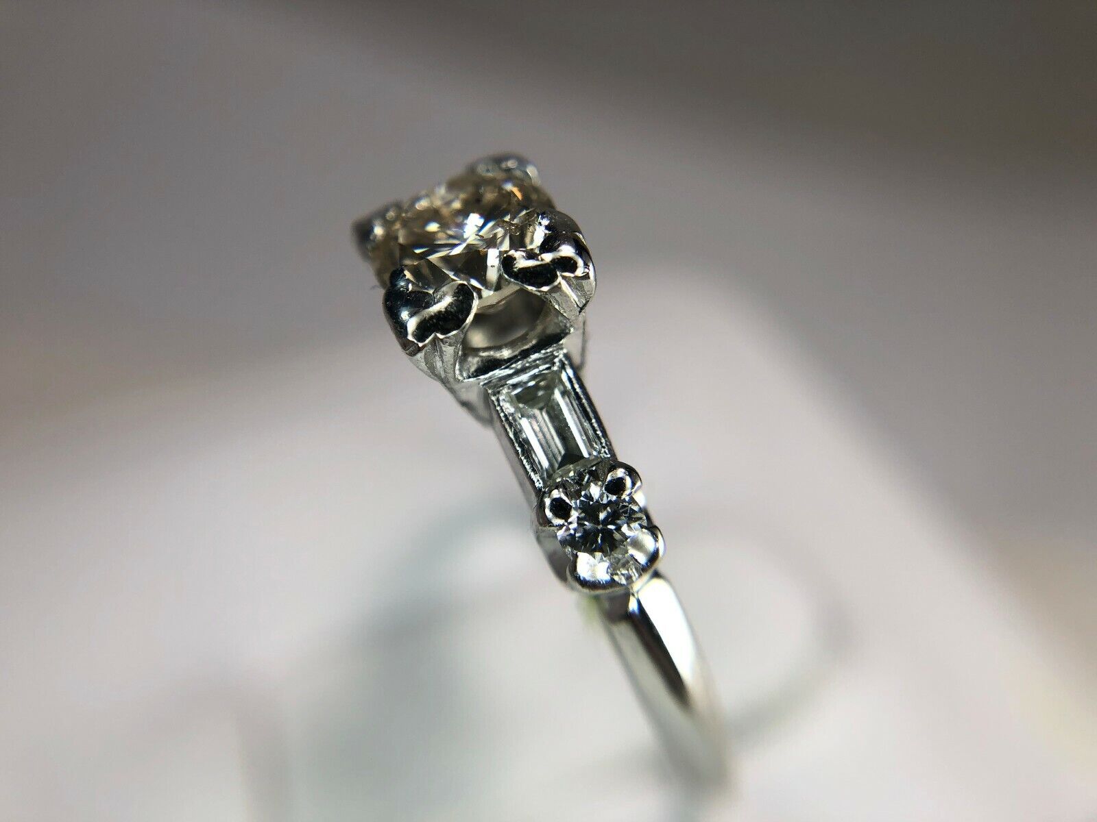 Vintage Platinum Natural Round Diamond Baguette Cut Engagement Ring