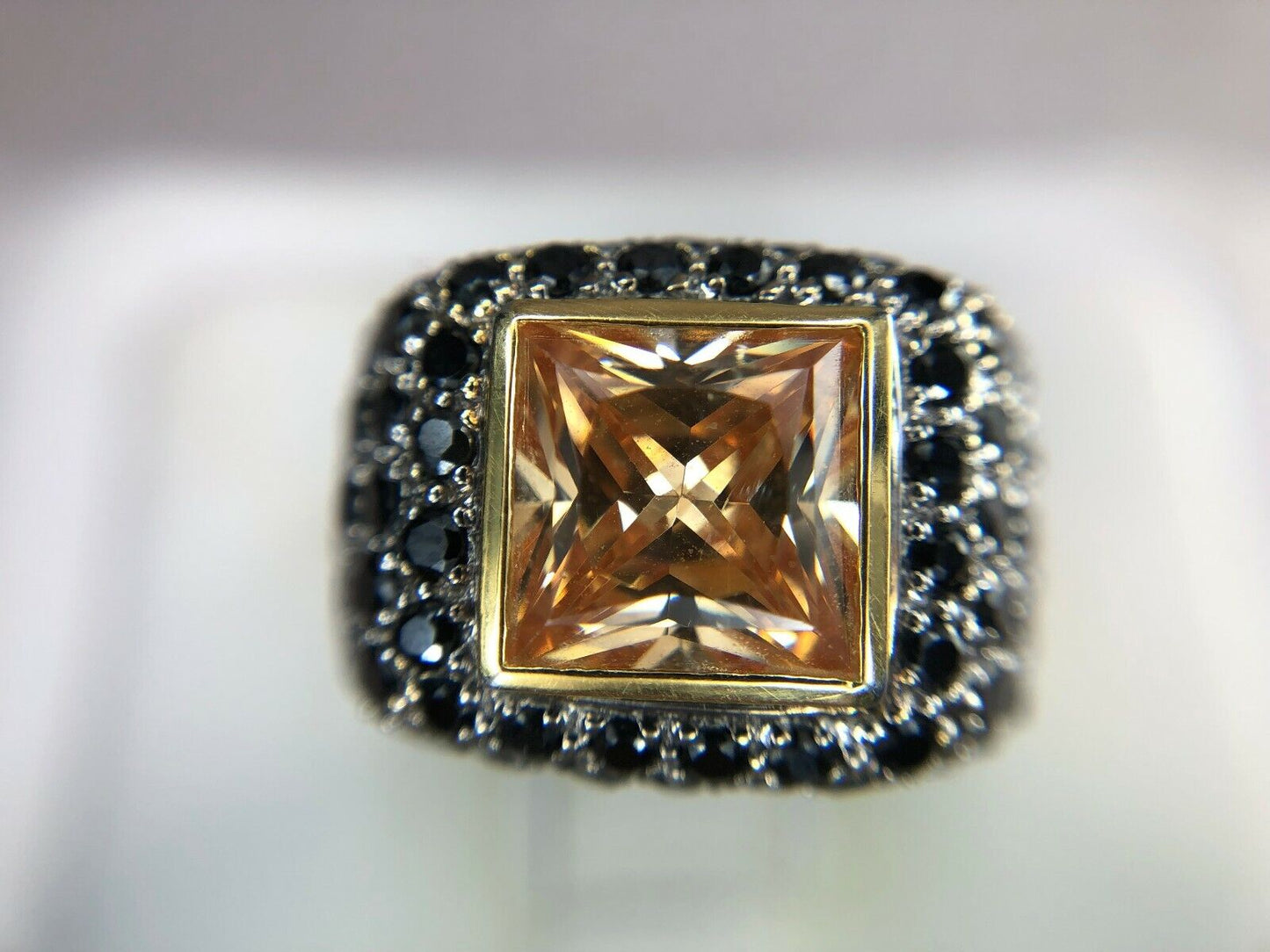 14k Yellow Gold Square Princess Cut Orange Citrine Black Diamond Large Cocktail 