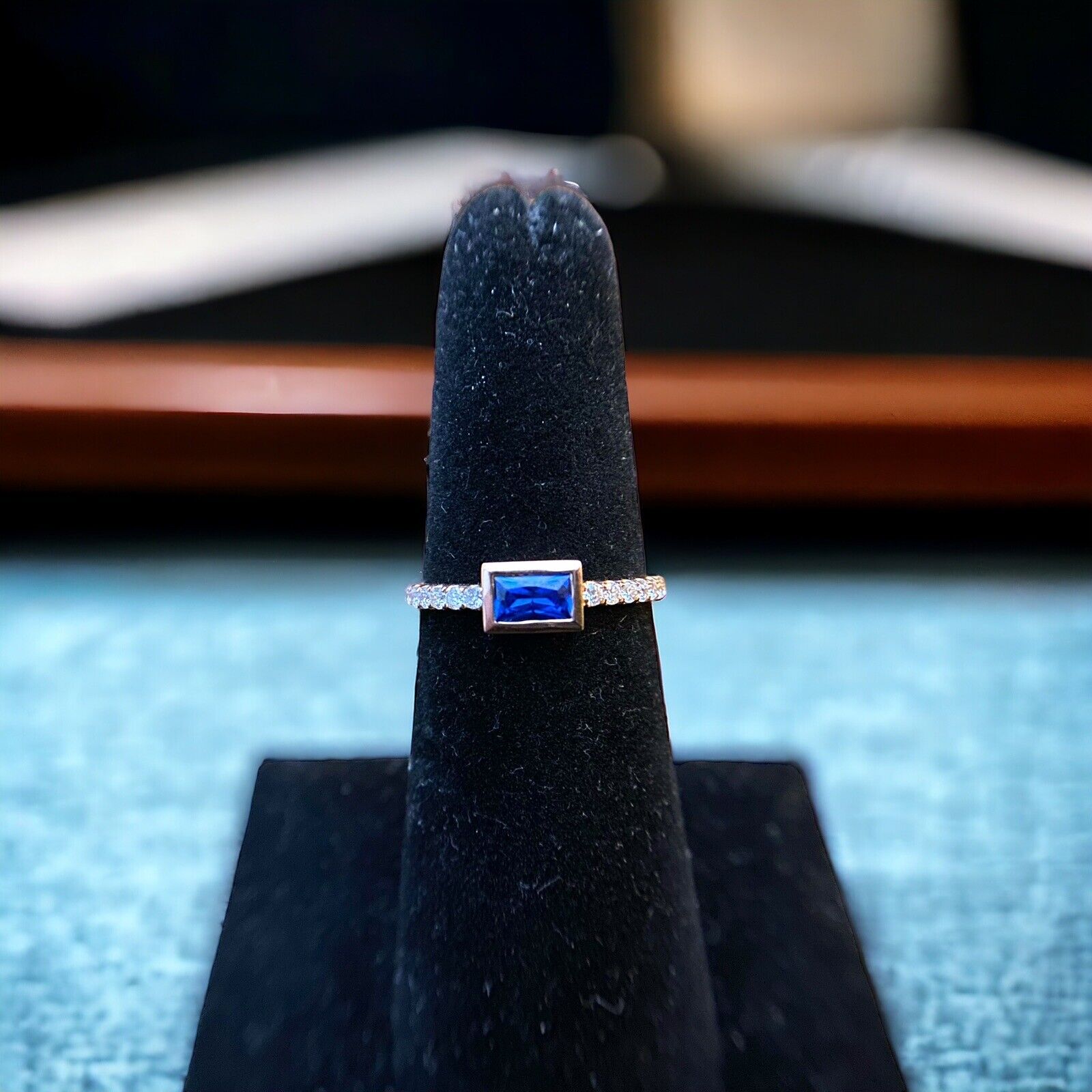 14k Rose Gold Emerald Cut Blue Sapphire Round Diamond Bezel Set Ring