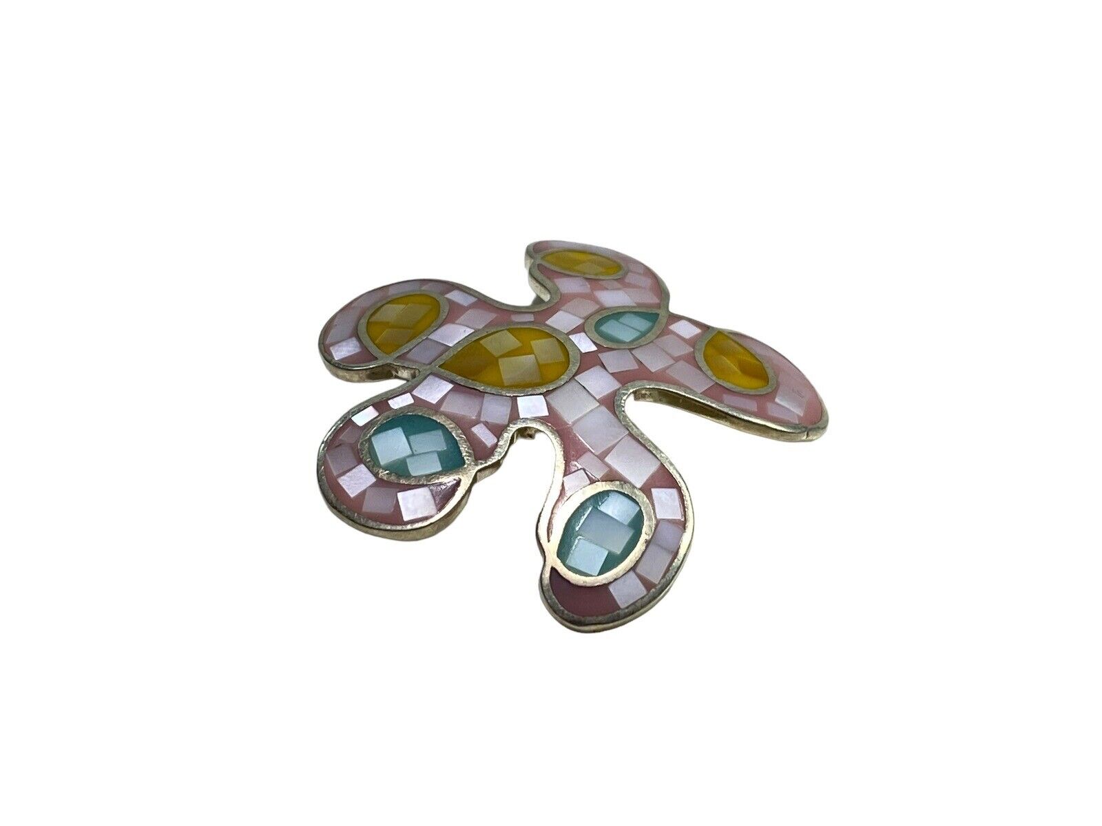 Sterling Silver Colorful Pink Yellow Blue Enamel Abstract Flower Pendant