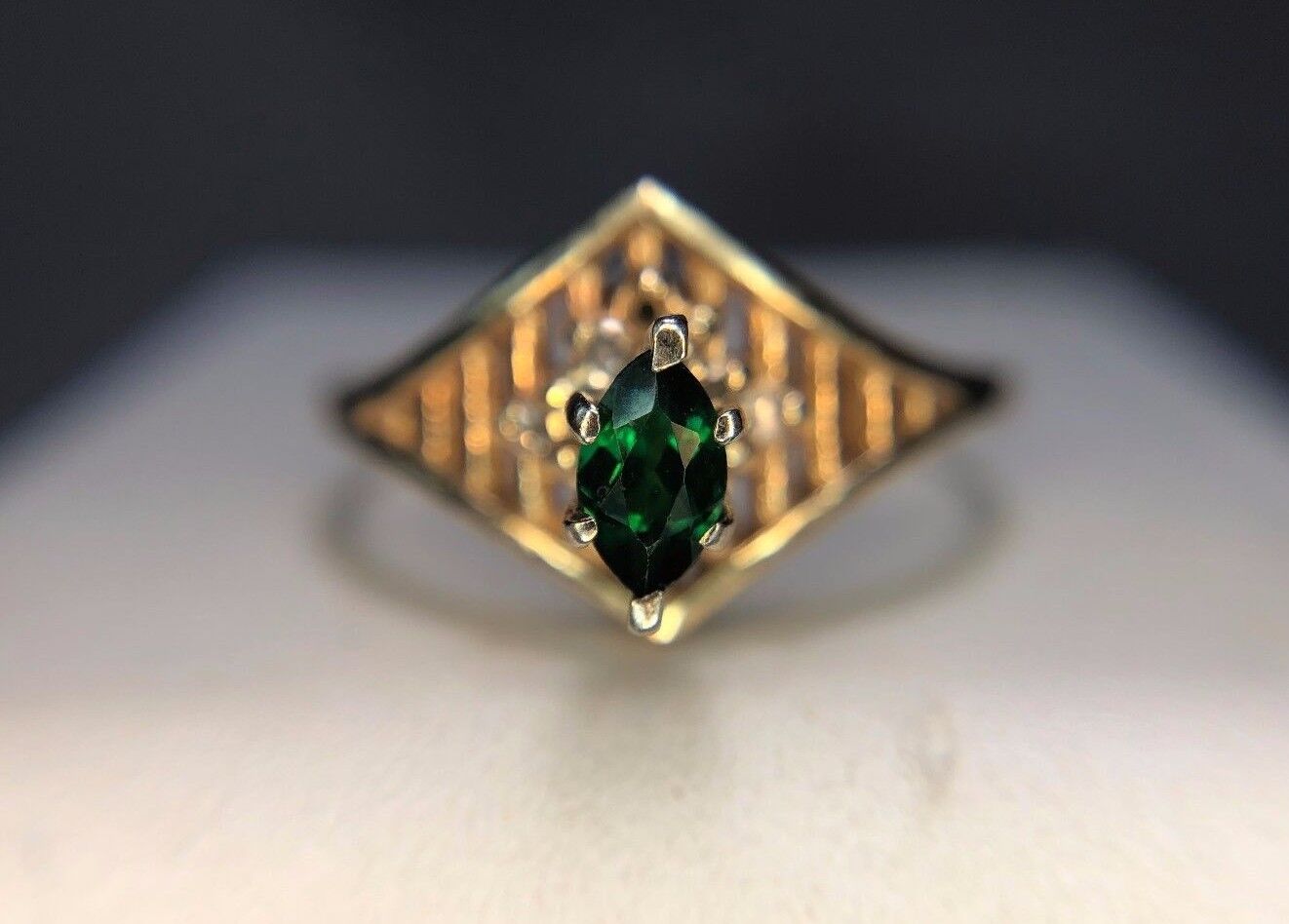 Estate Retro 10k Yellow Gold Marquise Green Tourmaline Round Diamond Ring