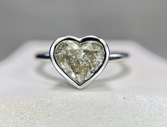 14k White Gold Natural Fancy Color Heart Shape Diamond Bezel Set Engagement Ring