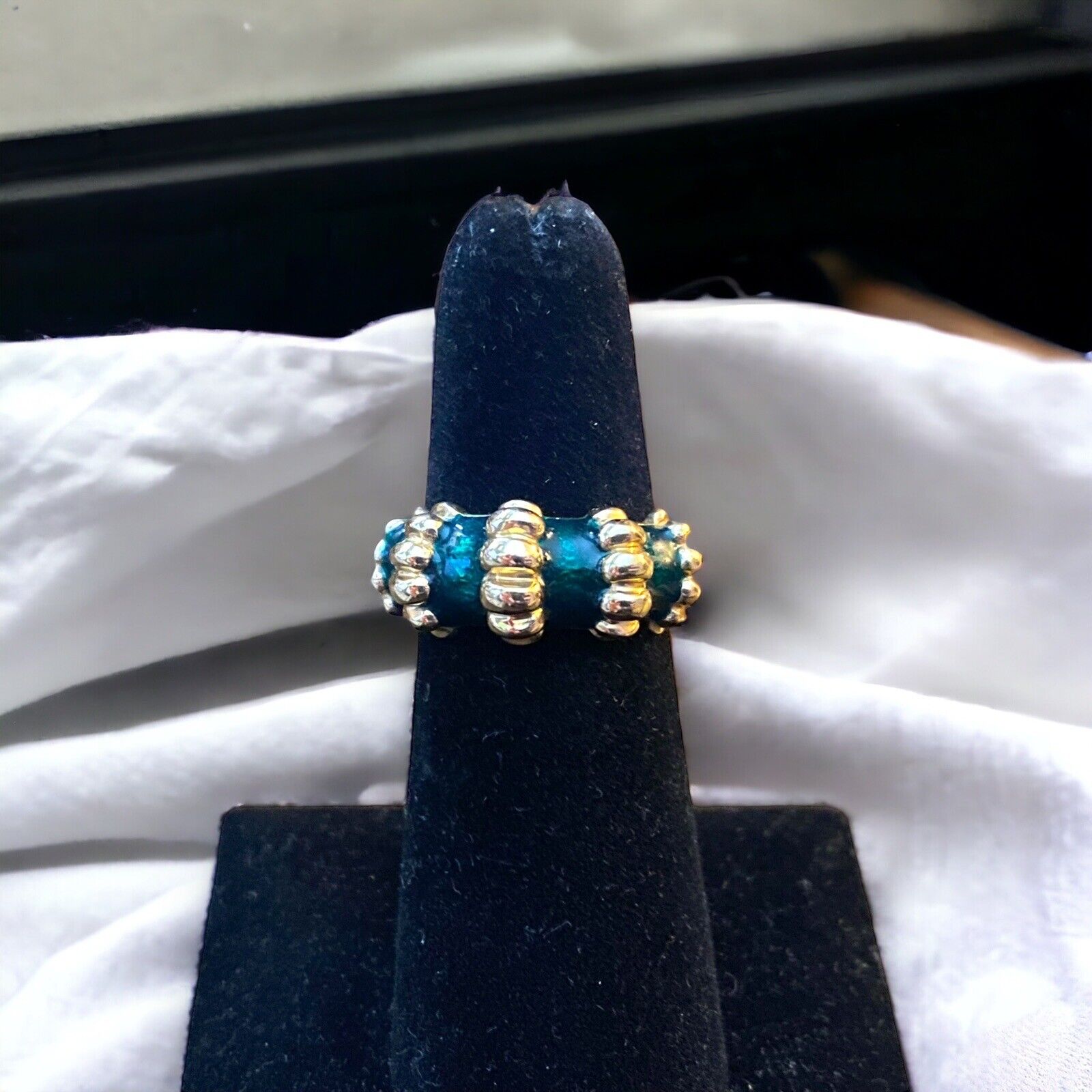 Vintage 14k Yellow Gold Handcrafted Green Enamel Cocktail Band Ring