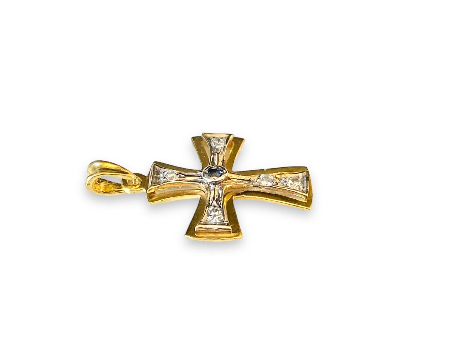 Vintage 18k Yellow Gold Small Byzantine Natural Diamond Blue Sapphire Cross