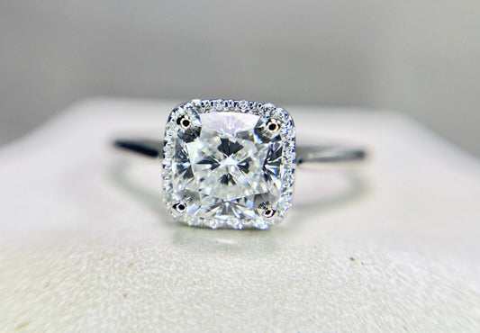 14k White Gold Lab Grown Cushion Diamond IGI Certified Halo Engagement Ring