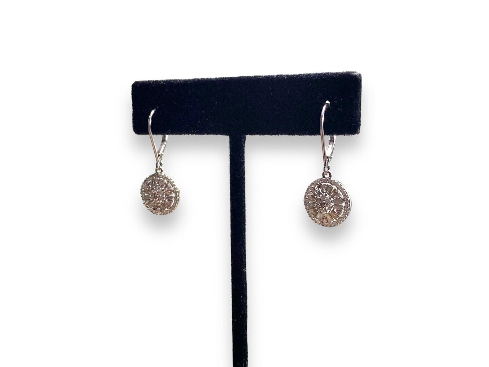 10k White Gold Natural Baguette Cut Round Diamond Cluster Circle Dangle Earrings