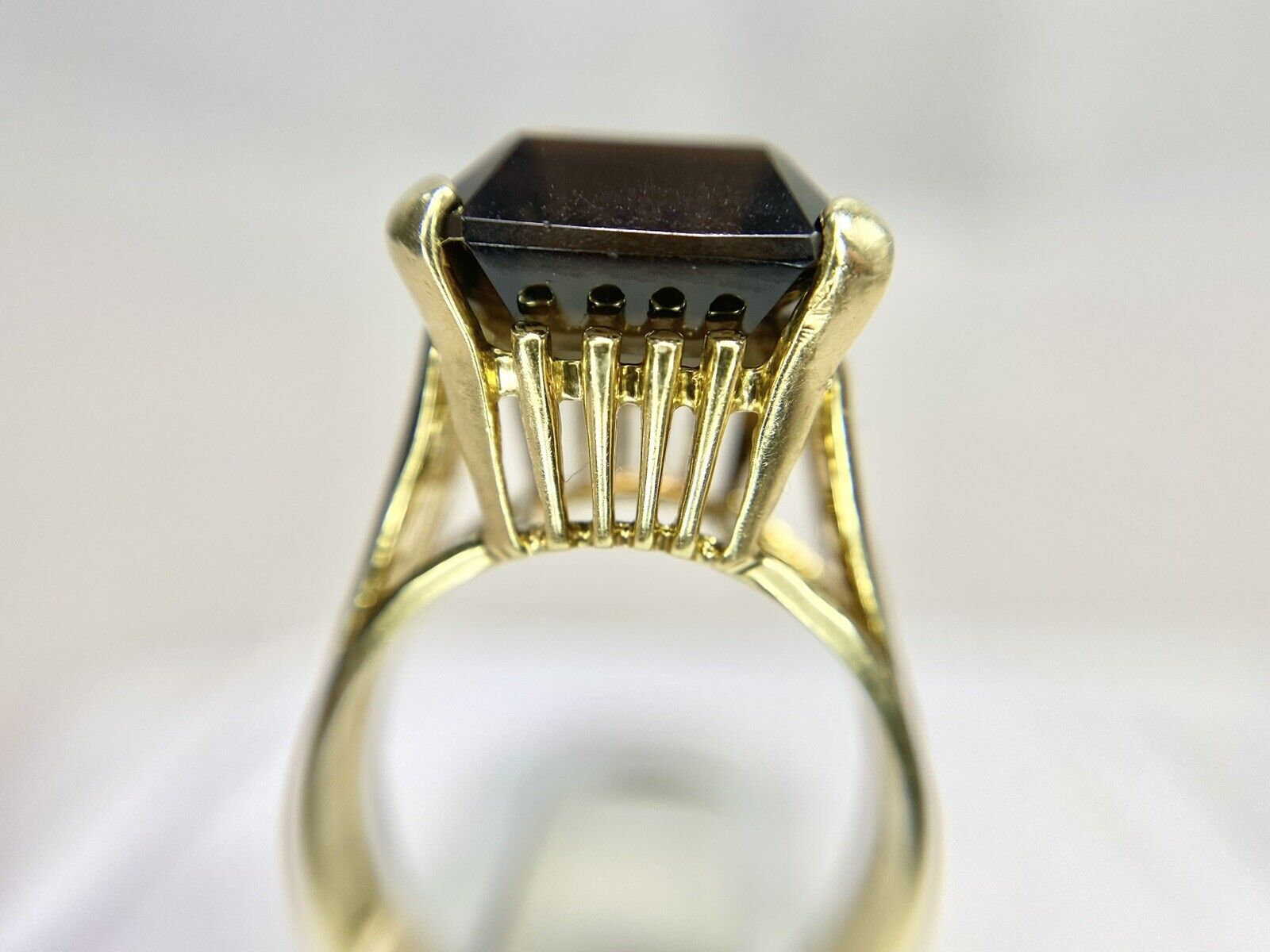 Vintage 14k Yellow Gold Natural Emerald Cut Smoky Quartz Solitaire Cocktail Ring