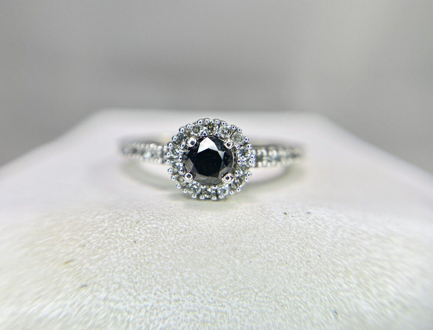 10k White Gold Natural Black Diamond Halo Small Engagement Ring