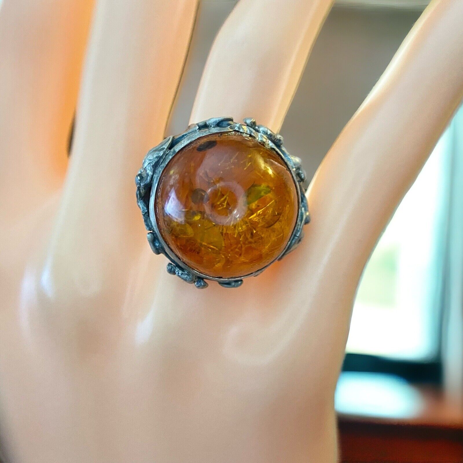 Vintage Sterling Silver Round Shape Baltic Amber Big Bezel Set Ring Size 8