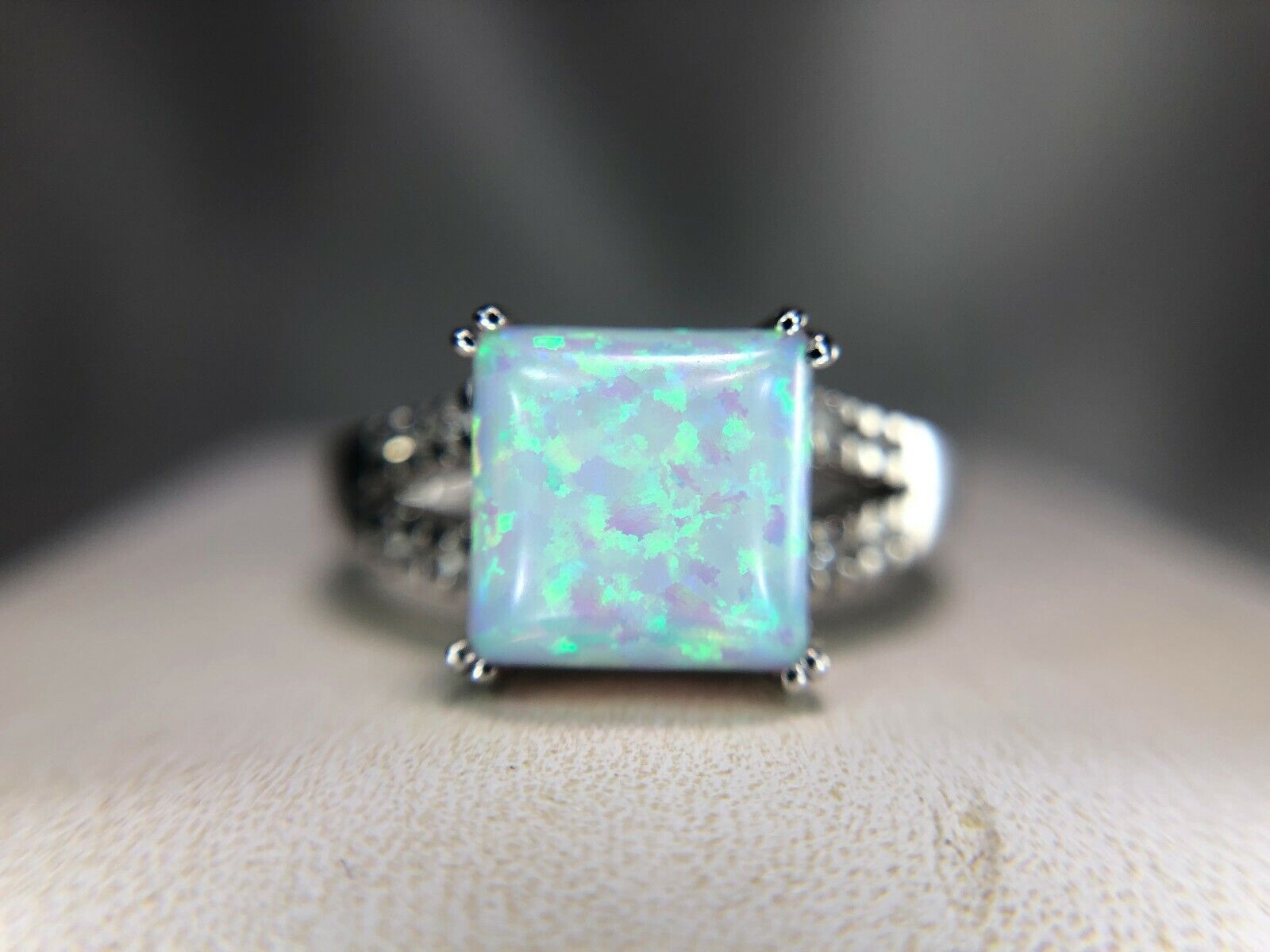 Estate 10k White Gold Square Opalite Round Diamond Ring