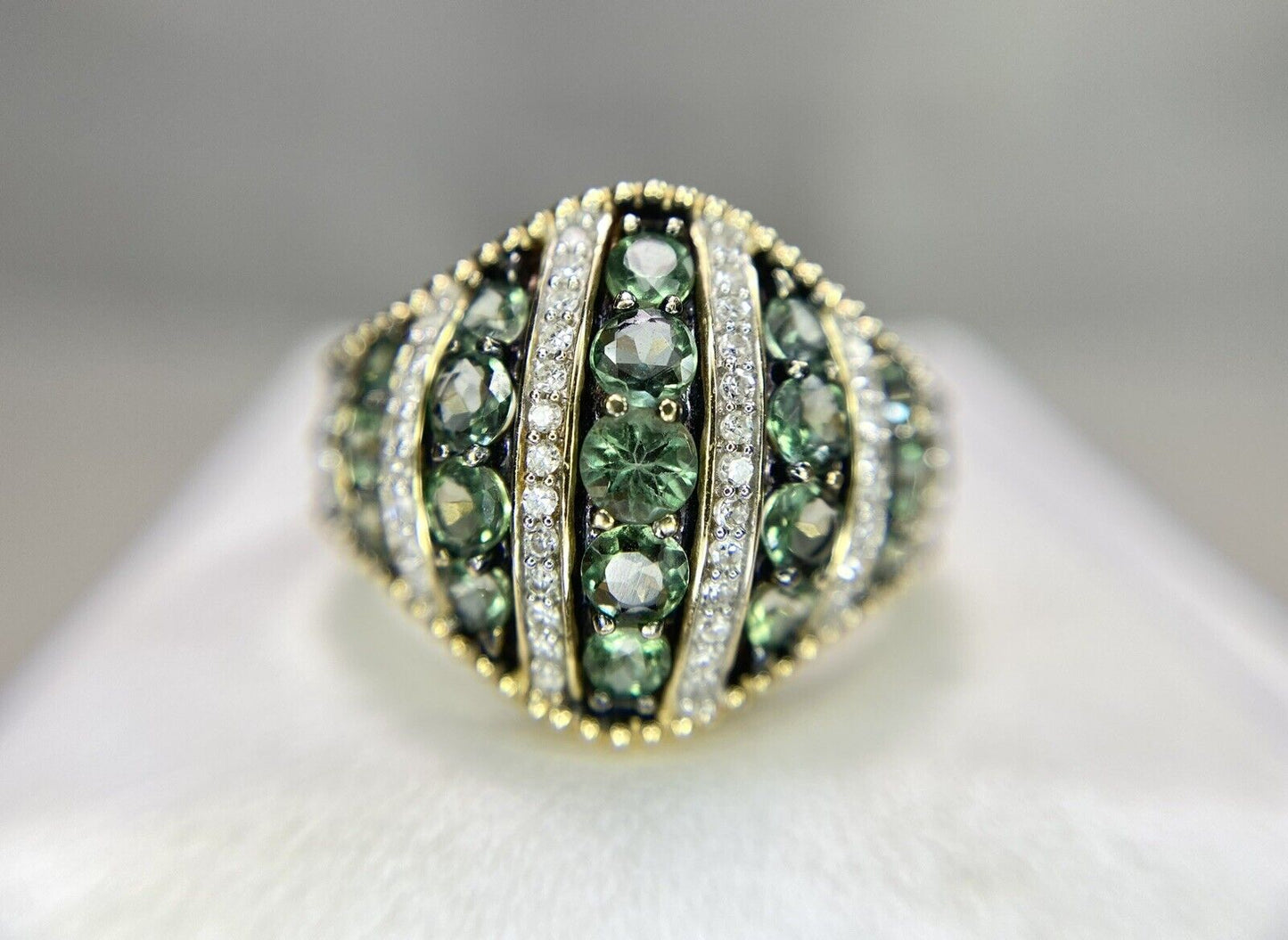 14k Yellow Gold Designer Signed Round Green Garnet Diamond Cocktail Ring