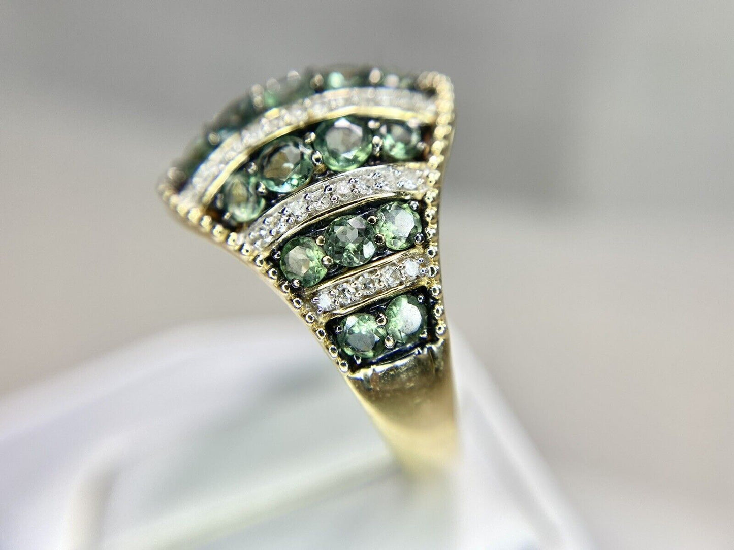 14k Yellow Gold Designer Signed Round Green Garnet Diamond Cocktail Ring