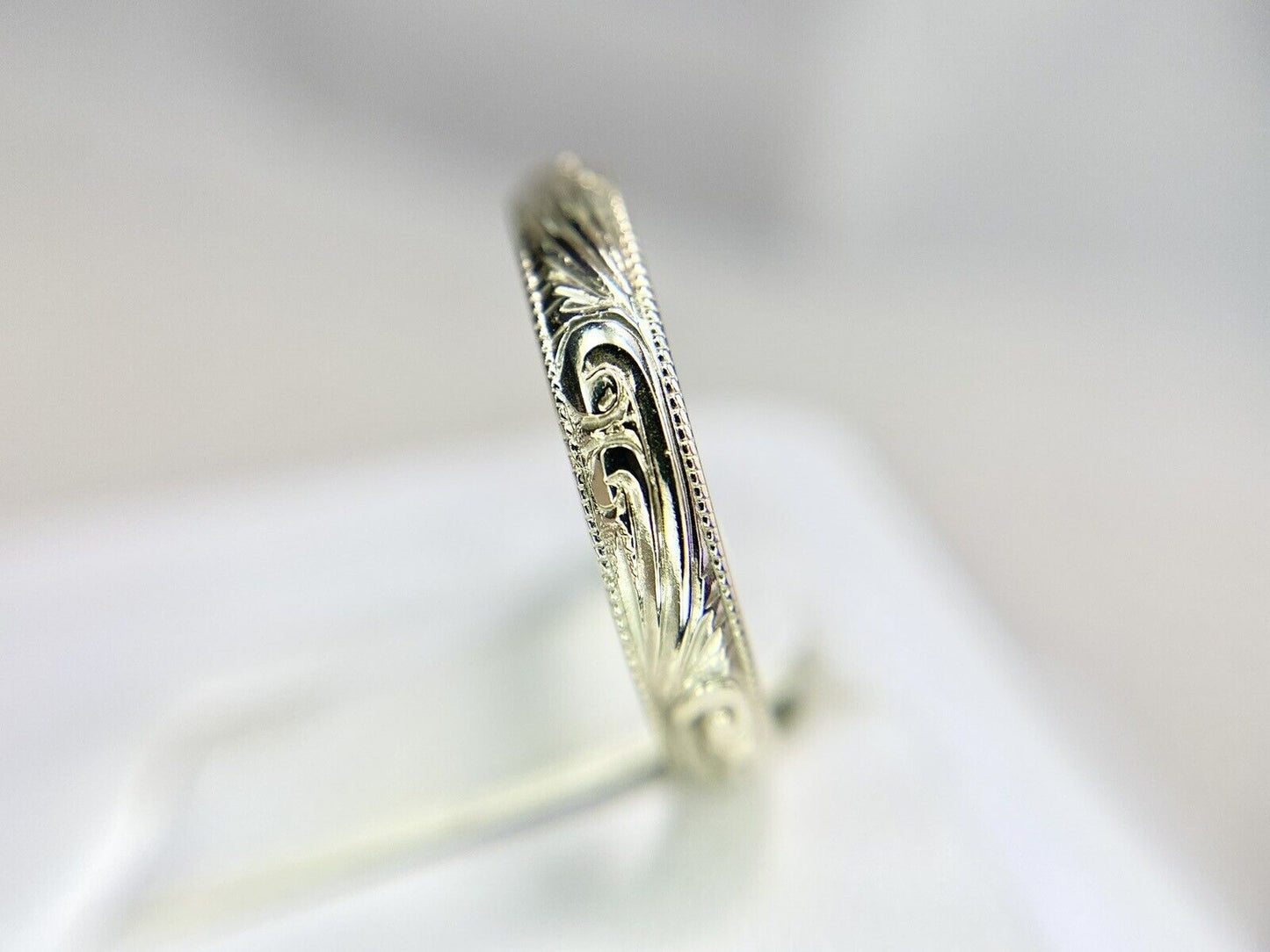 Art Deco 18k White Gold Hand Engraved Wedding Band Ring Size 5.75