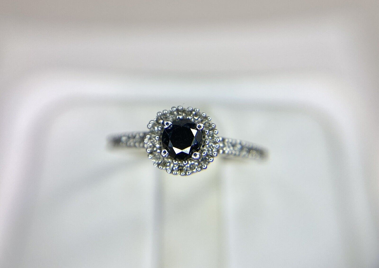 10k White Gold Natural Black Diamond Halo Small Engagement Ring