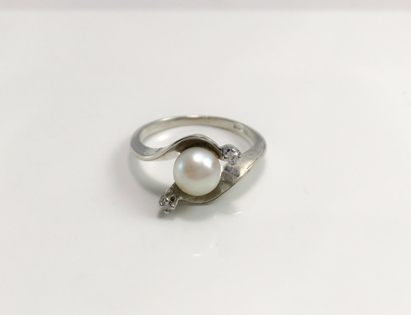 Estate Vintage Antique 10k White Gold White Cultured Pearl Round Diamond Ring