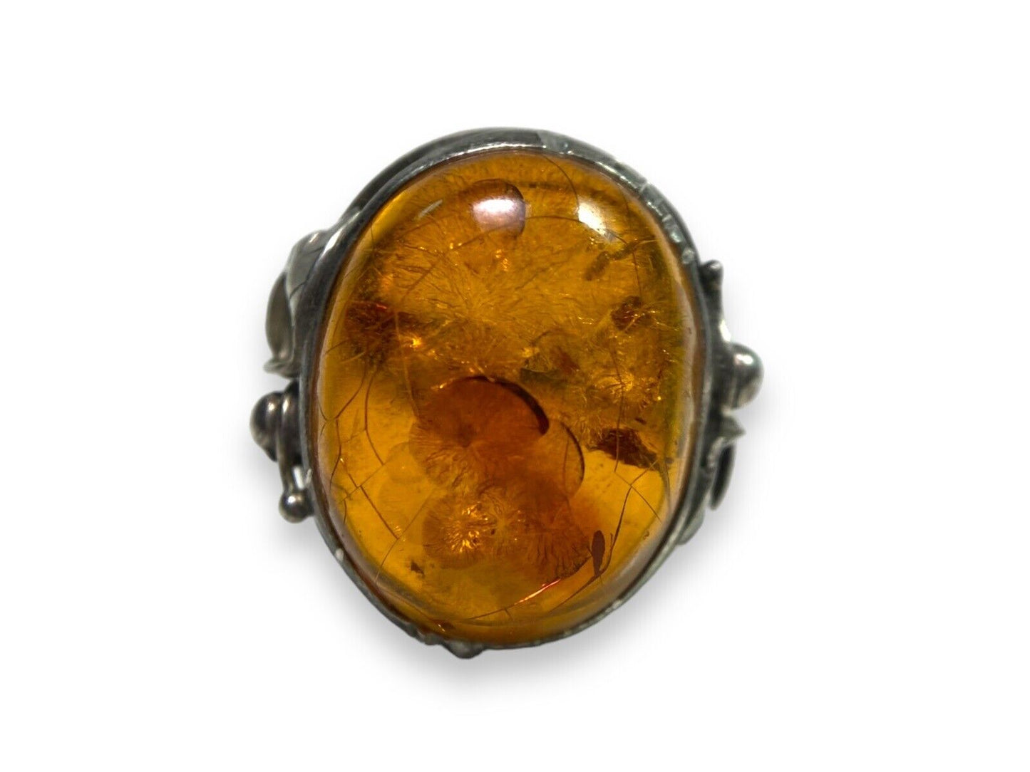 Vintage Sterling Silver Oval Shape Baltic Amber Big Bezel Set Ring Size 7