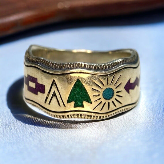 Vintage Sterling Silver Colorful Native American Style Band Ring Size 8