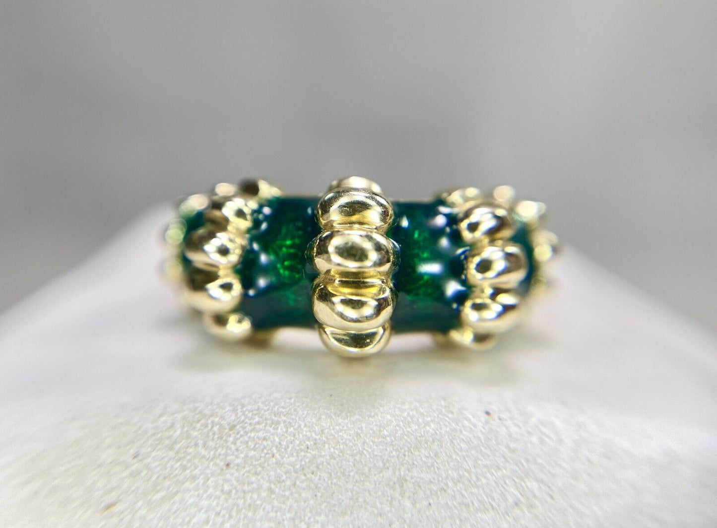 Vintage 14k Yellow Gold Handcrafted Green Enamel Cocktail Band Ring