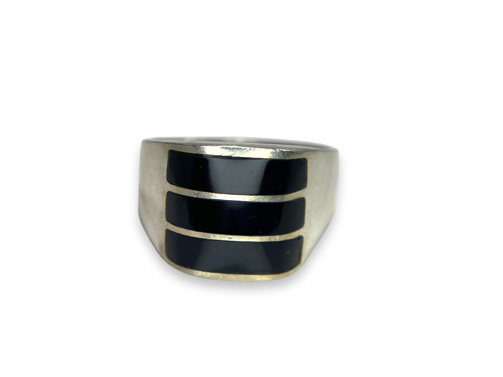 Vintage Sterling Silver Mexico Black Onyx Inlay Big Ring Size 11.75