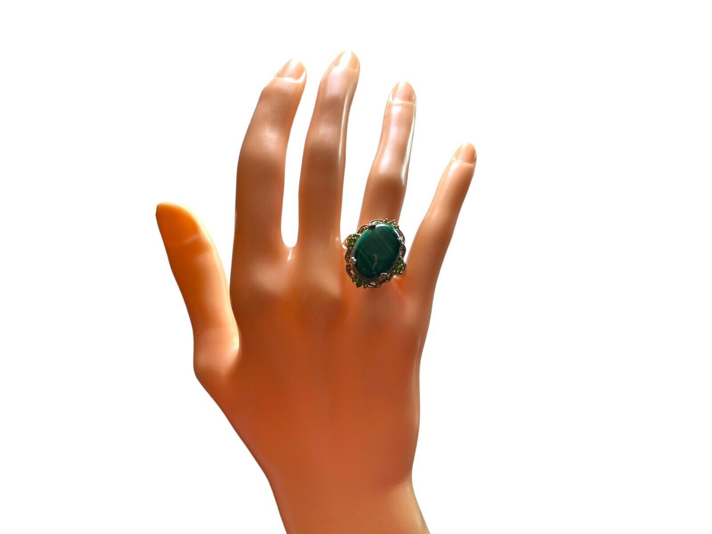 Vintage Sterling Silver Oval Green Malachite Big Cocktail Ring Size 10