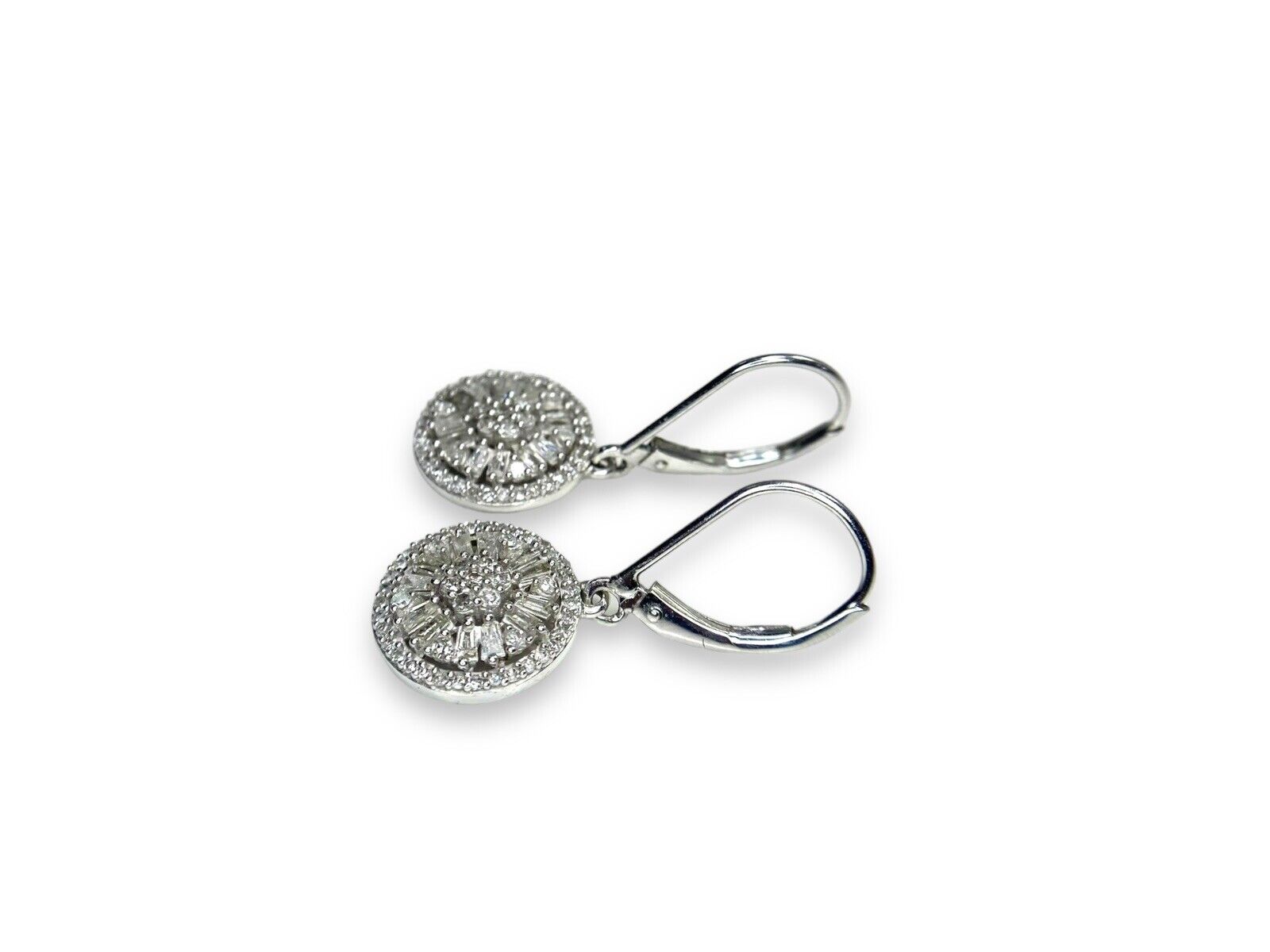 10k White Gold Natural Baguette Cut Round Diamond Cluster Circle Dangle Earrings