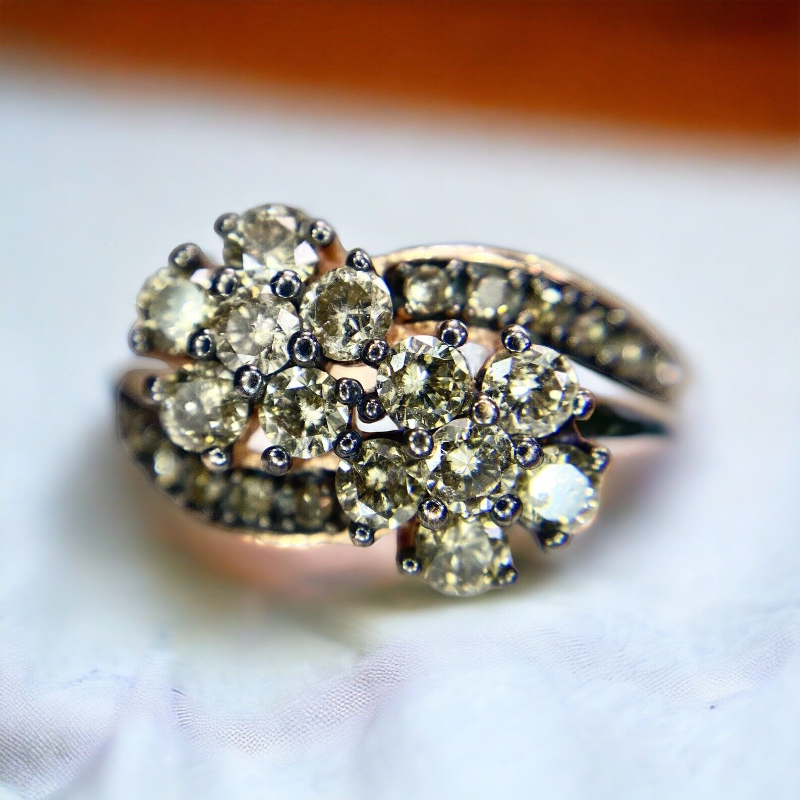 10k Rose Gold Natural Fancy Color Brown Diamond  Double Flower Bypass Ring