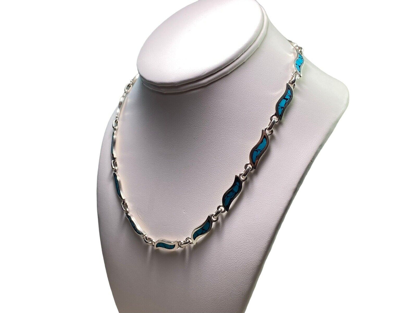 Vintage Sterling Silver Signed Designer Mexico Blue Turquoise Inlay Necklace