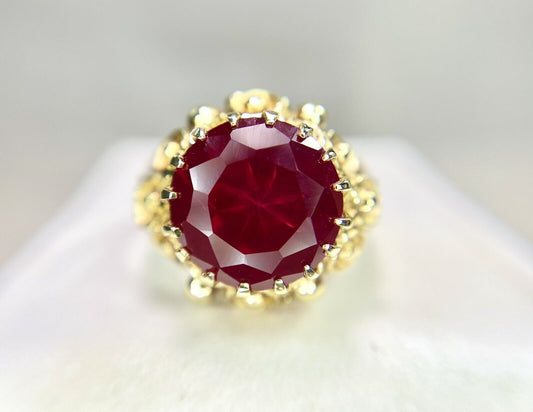 Vintage 14k Yellow Gold Handcrafted Round Red Ruby Solitaire Ring