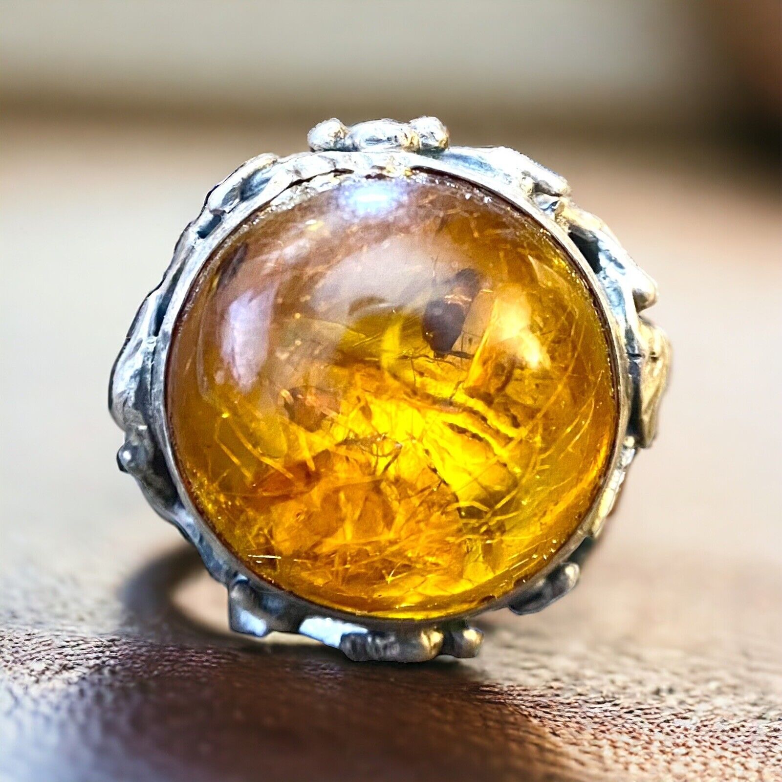 Vintage Sterling Silver Round Shape Baltic Amber Big Bezel Set Ring Size 8