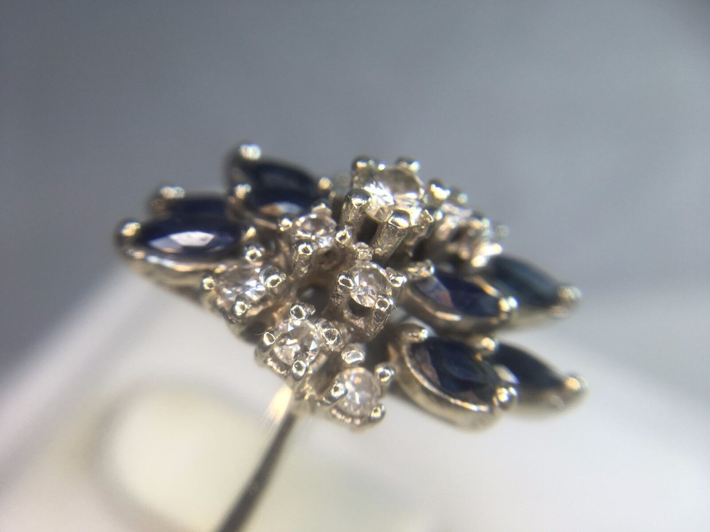 Estate Vintage 14k White Gold Round Diamond Marquise Blue Sapphire Cocktail Ring