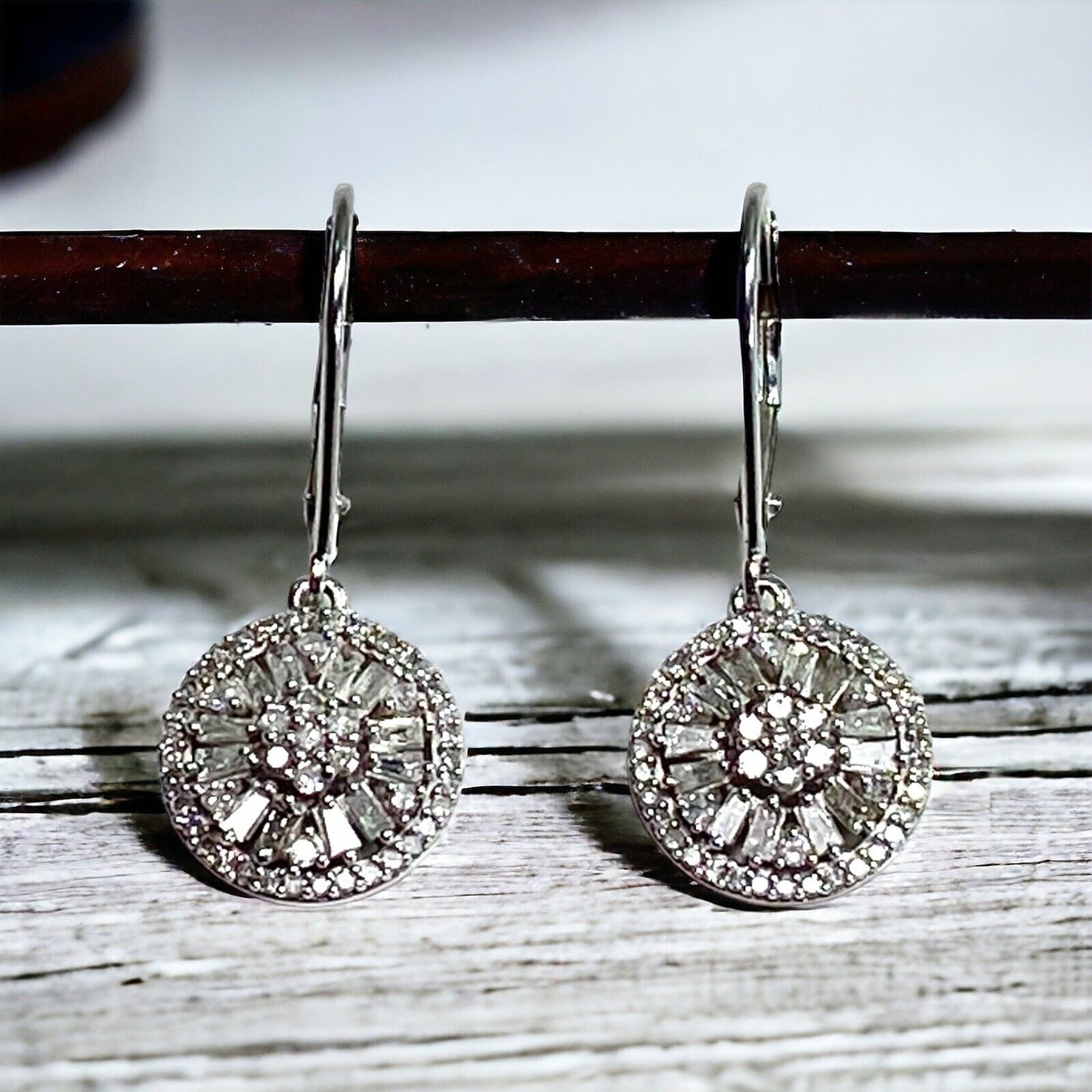 10k White Gold Natural Baguette Cut Round Diamond Cluster Circle Dangle Earrings