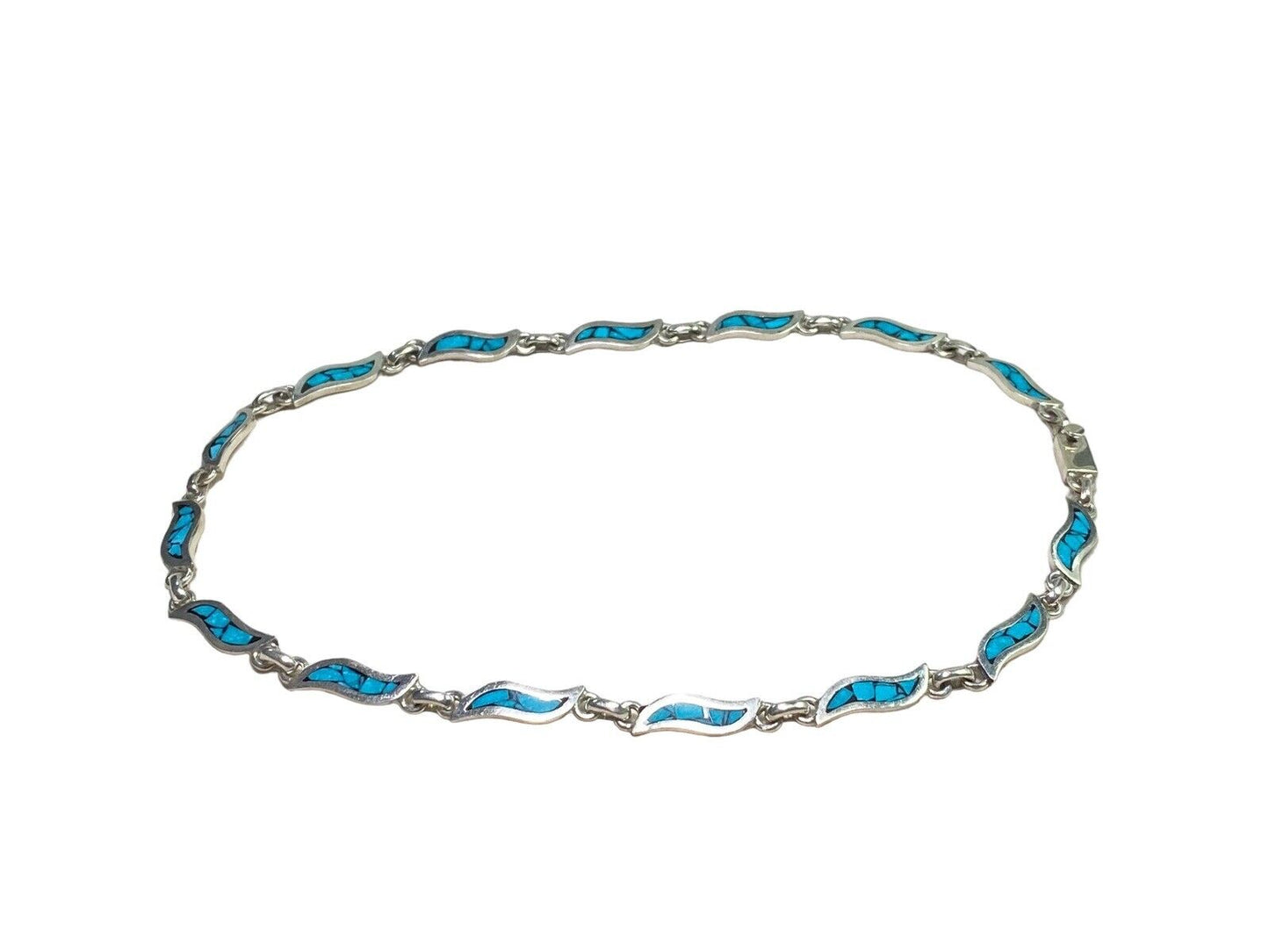 Vintage Sterling Silver Signed Designer Mexico Blue Turquoise Inlay Necklace