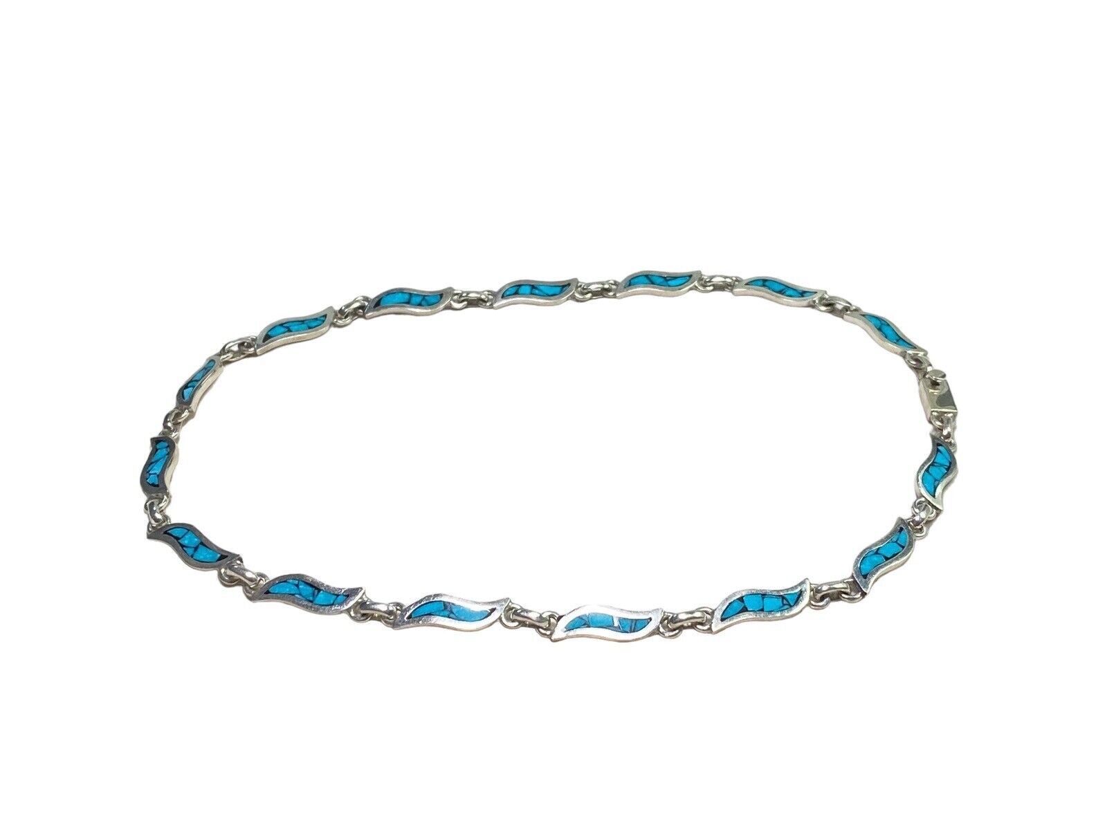 Vintage Sterling Silver Signed Designer Mexico Blue Turquoise Inlay Necklace