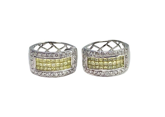 14k White Gold Natural Fancy Yellow Princess Cut Round Diamond Earrings