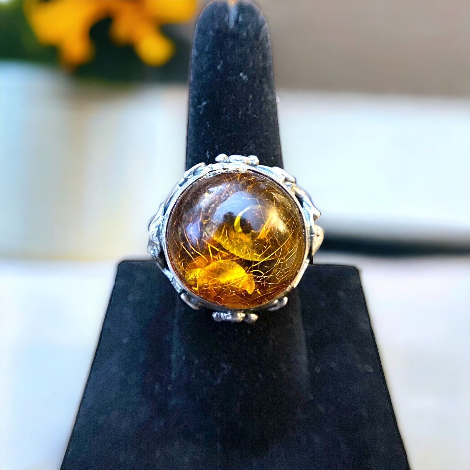 Vintage Sterling Silver Round Shape Baltic Amber Big Bezel Set Ring Size 8