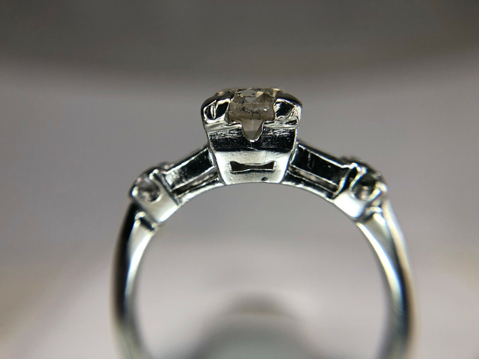 Vintage Platinum Natural Round Diamond Baguette Cut Engagement Ring