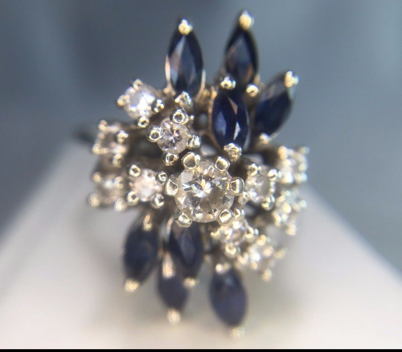 Estate Vintage 14k White Gold Round Diamond Marquise Blue Sapphire Cocktail Ring