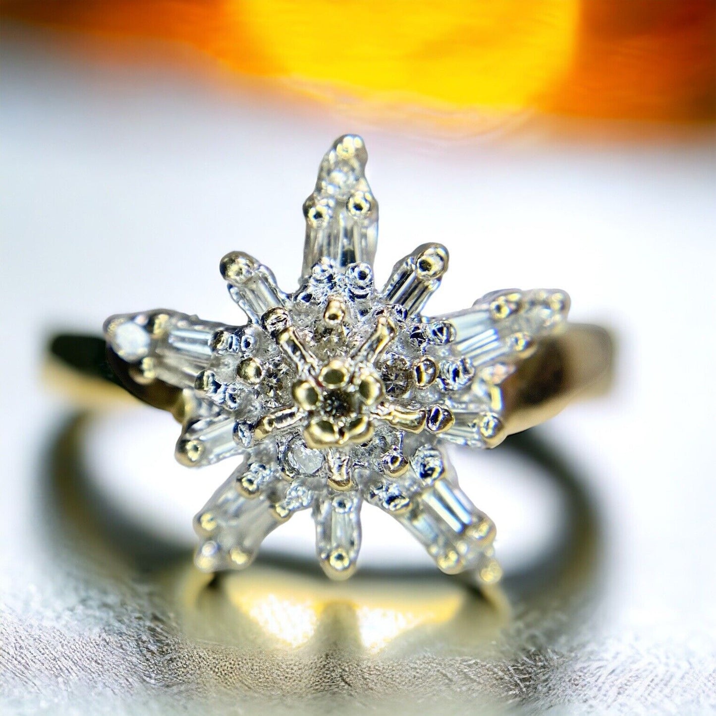 Vintage 10k Yellow Gold Natural Round Baguette Diamond Star Cocktail Ring