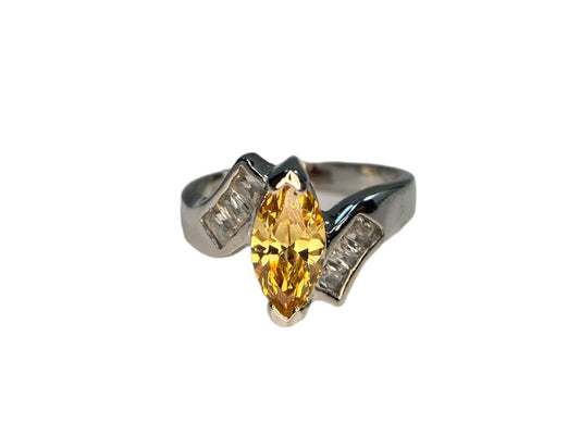 Vintage Sterling Silver Marquise Shape Yellow Orange CZ Engagement Ring Size 5